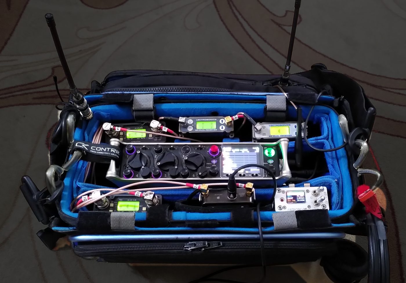 Sound bag with Sound Devices recorder and Lectrosonics wireless receivers